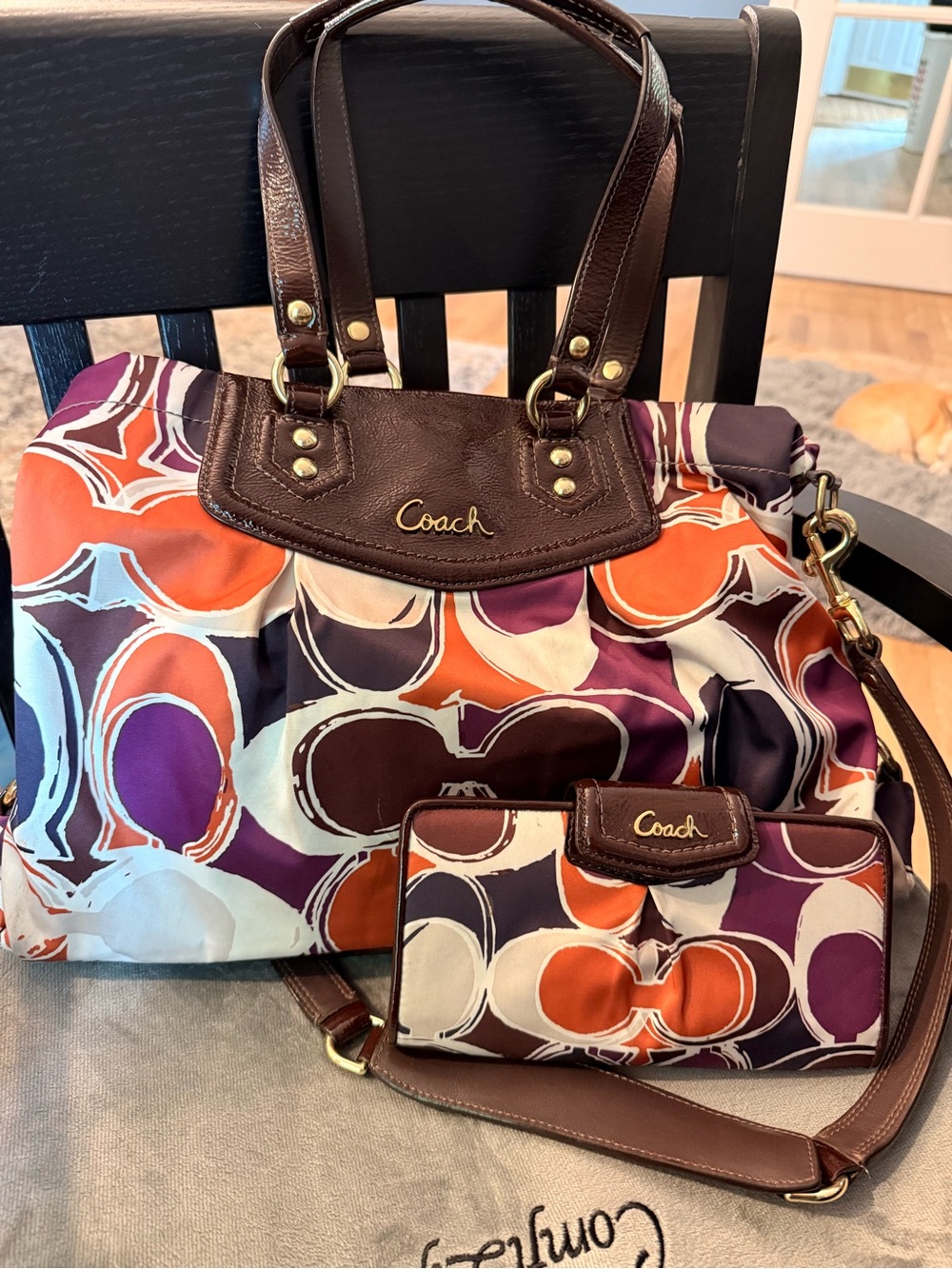 Coach Multicolor Purple Orange Brown Signature Shoulder Bag with Wallet